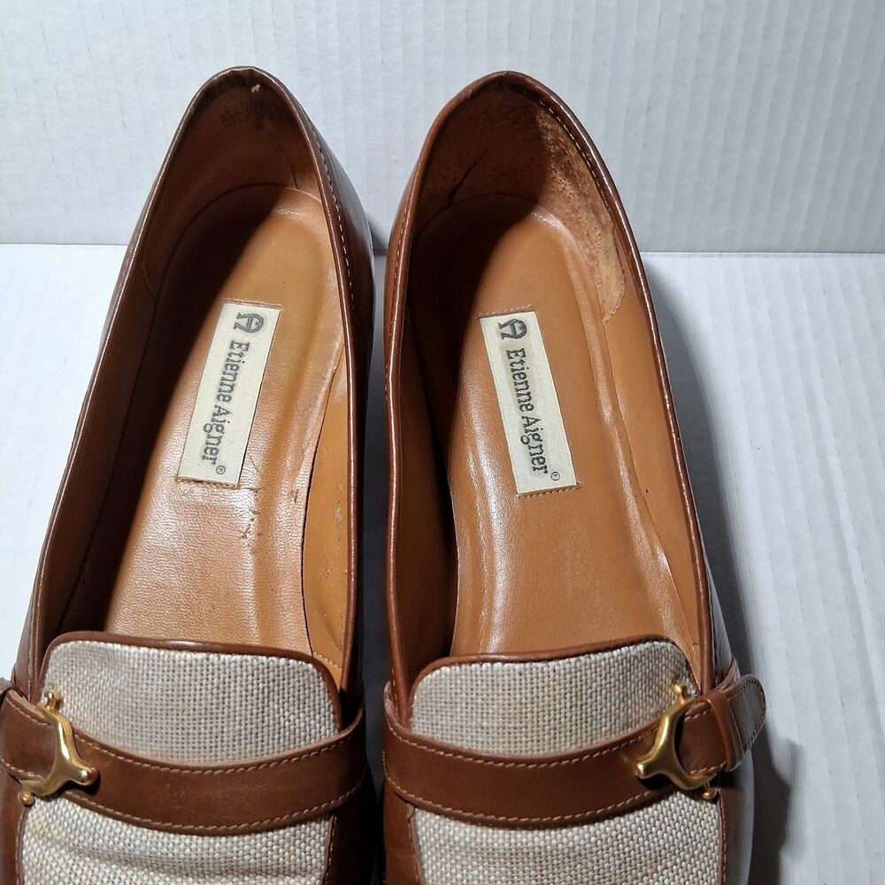 Etienne Aigner Tracy Loafers Leather Canvas Size 10M Old Money Preppy VTG - Picture 2 of 6